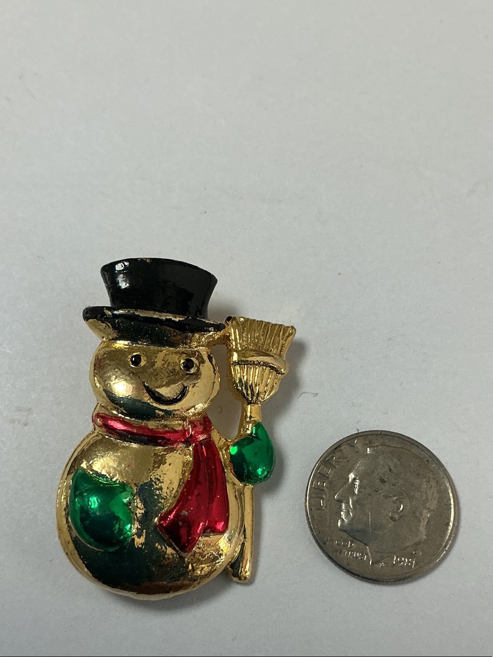 Vintage SFJ Gold Snowman Pin with Black Hat Red Scarf & Broom